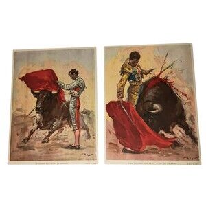 2 Vintage Juan Reus Bullfight Matador Prints Posters From Spain 12.5" x 9.5"